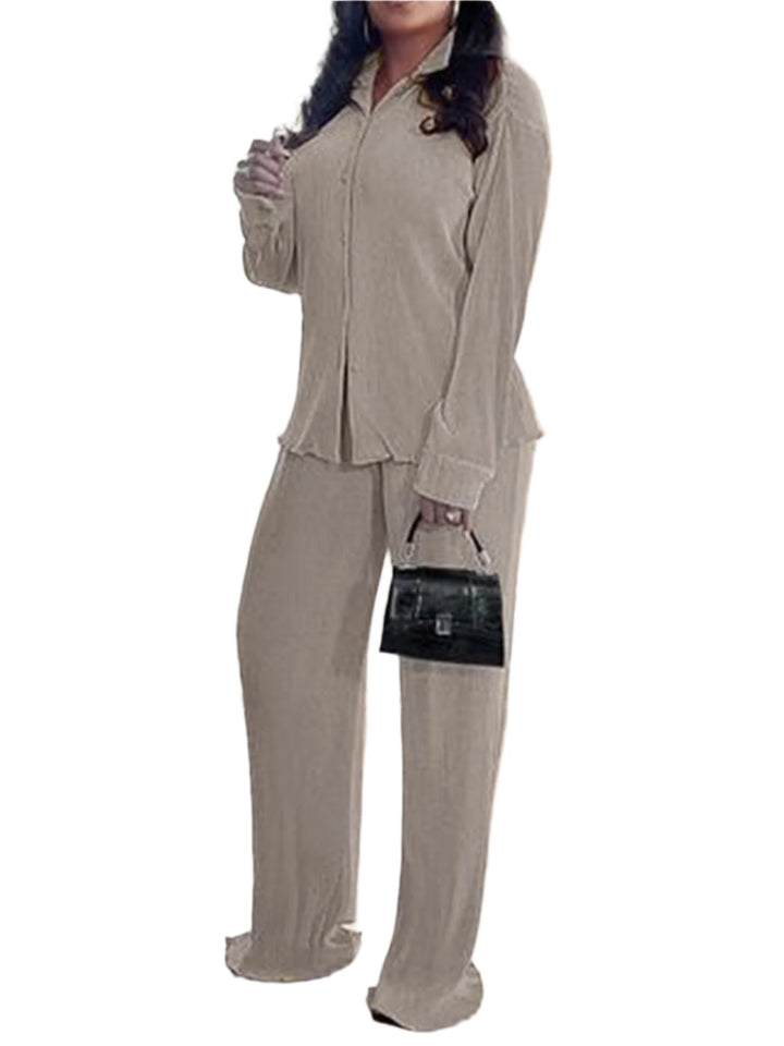 CLEO™ – Chic Collared Long Sleeve and Wide-Leg Pant Set